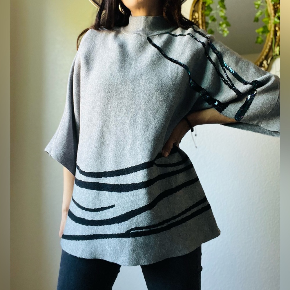 Women’s Gray Sweater Tunic with Black Sequin Accents